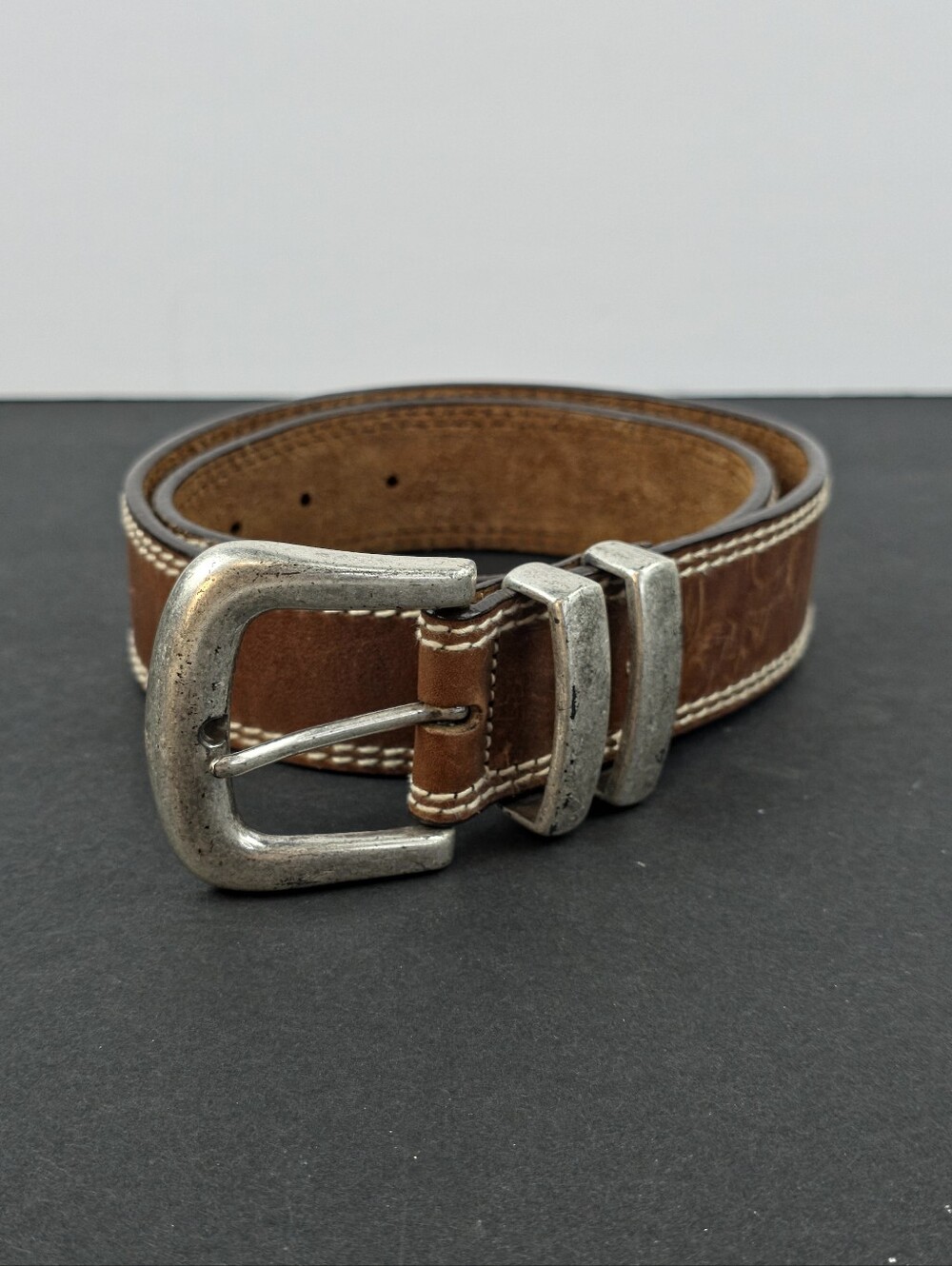 Vintage Eddie Bauer Brown Leather Belt Made in USA Heavy Duty Size Medium M1633